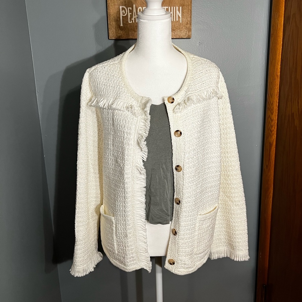 Beautiful Ann Taylor Cotton Fringe white button down Cardigan with pockets